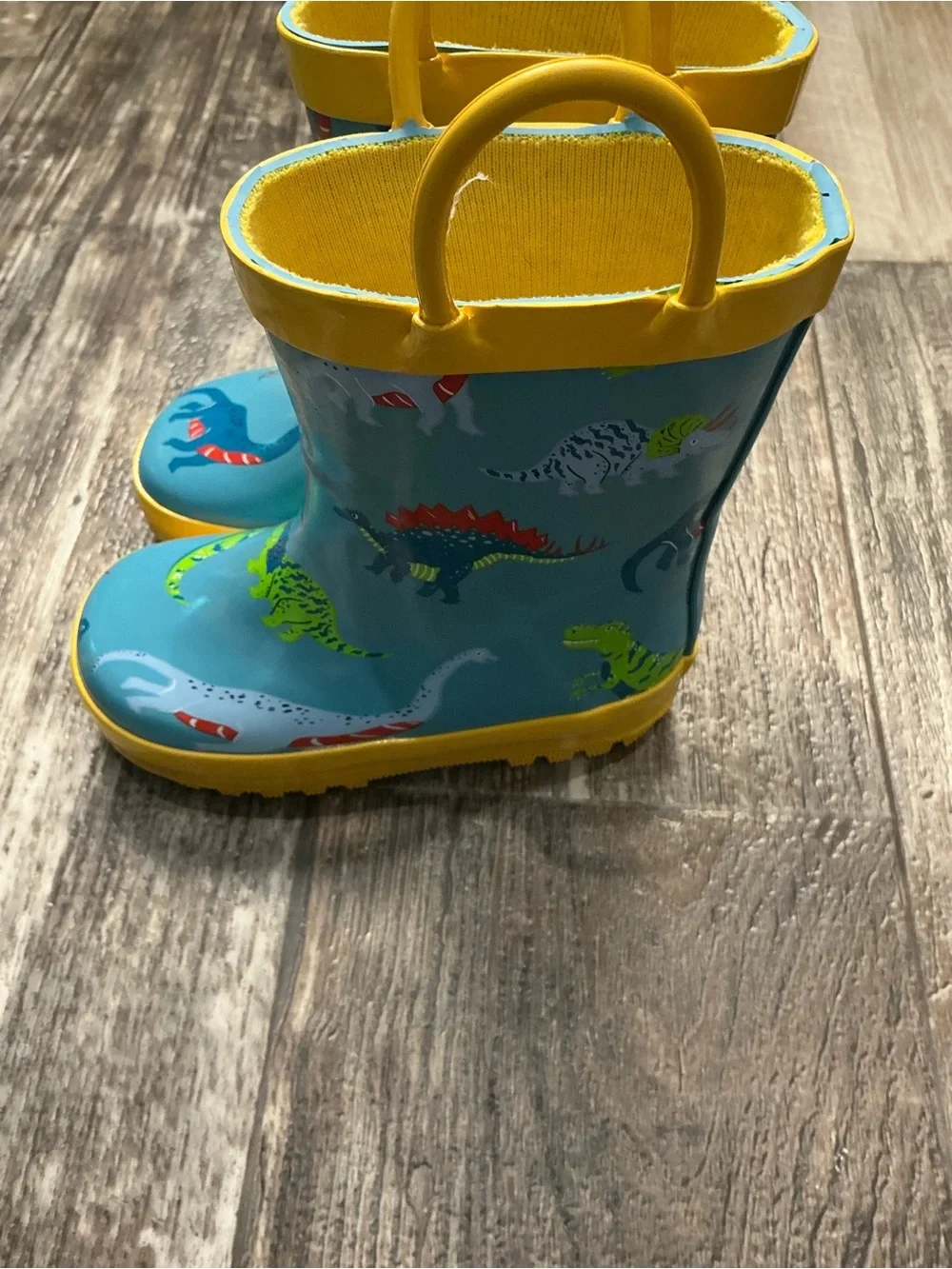 Toddler Yellow-Trim Blue Dinosaur Rain Boots Size 6